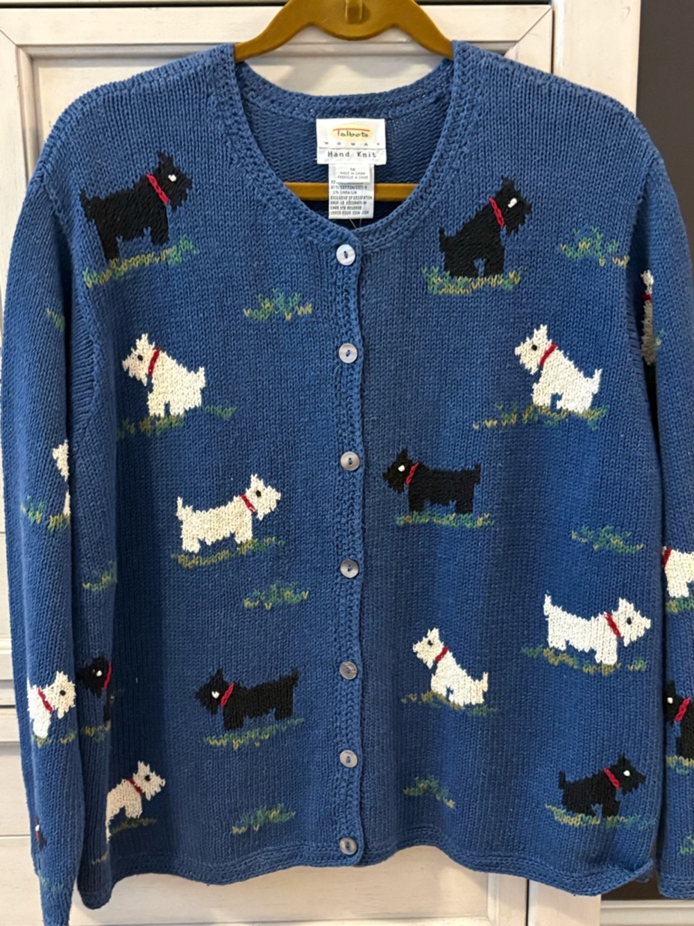 Talbots Blue Cardigan Sweater with Black and White Dog Motif